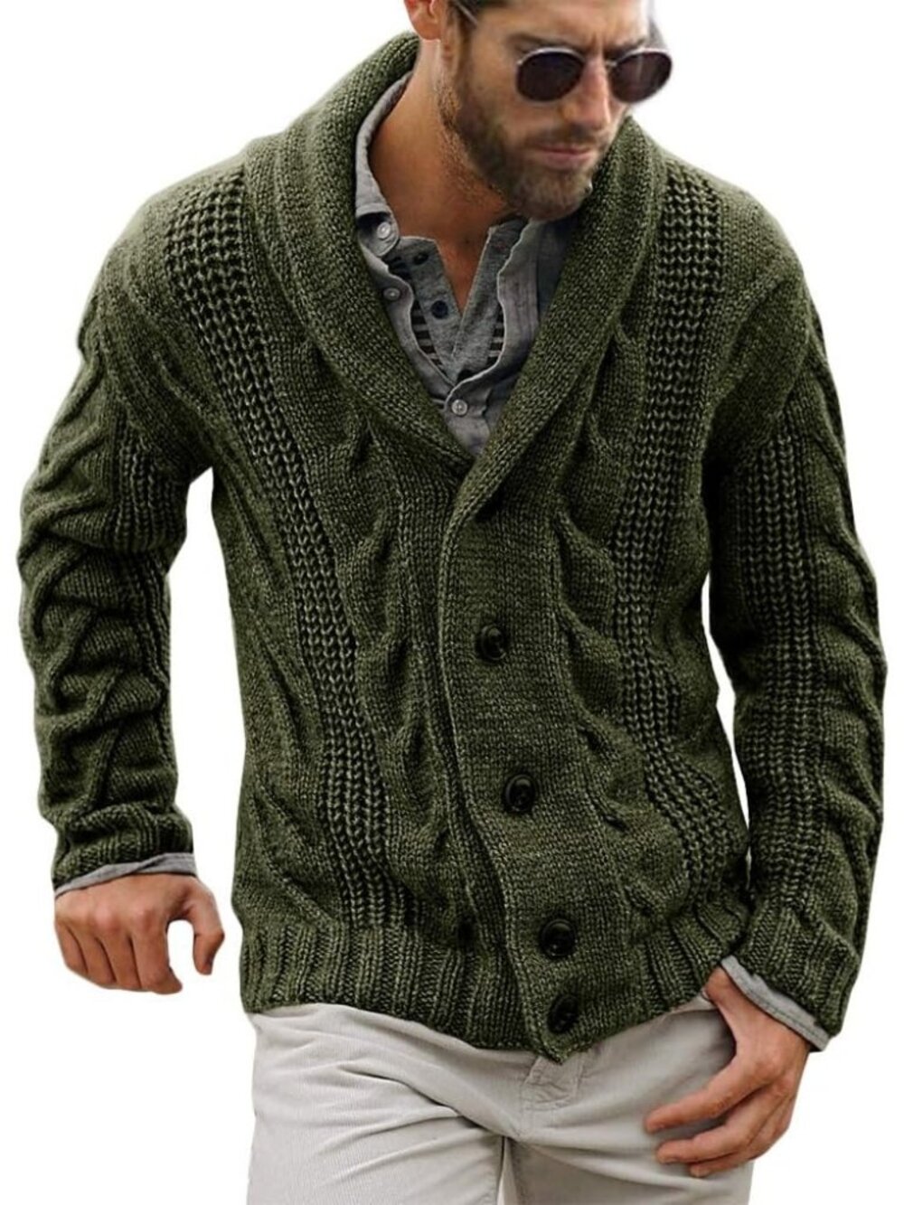 🆕Men's Army Green Chunky Cable Knit Cardigan Sweater Shawl Collar Button Down